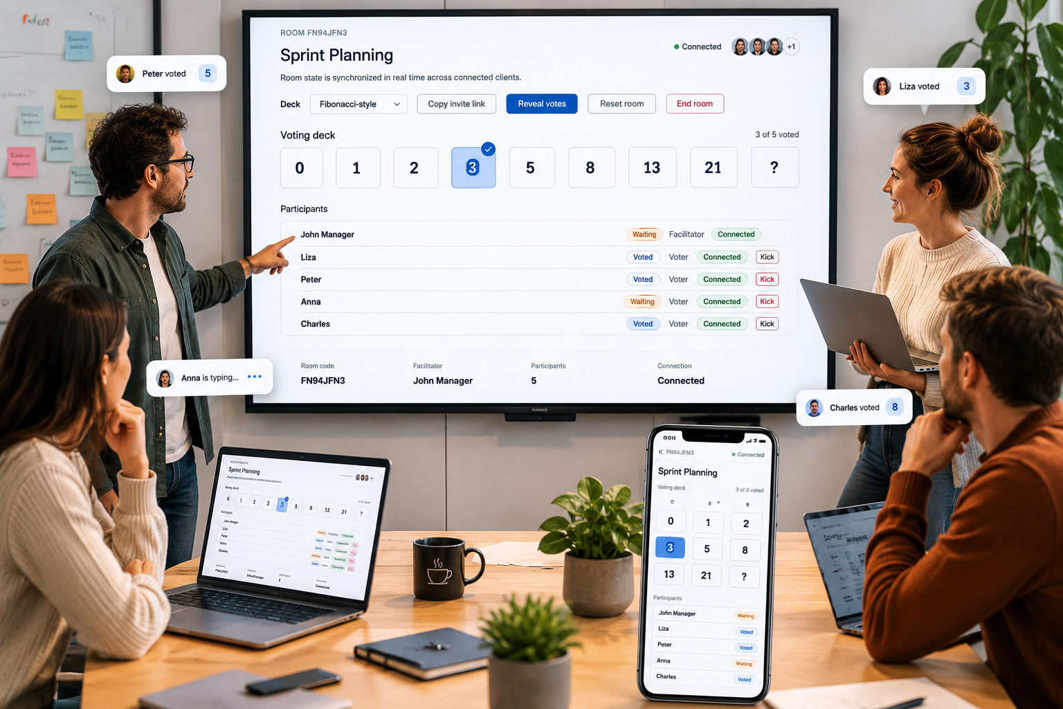 Simple Plan Poker app illustration showing connected participants, hidden votes, revealed cards, deck choices, and invite sharing.